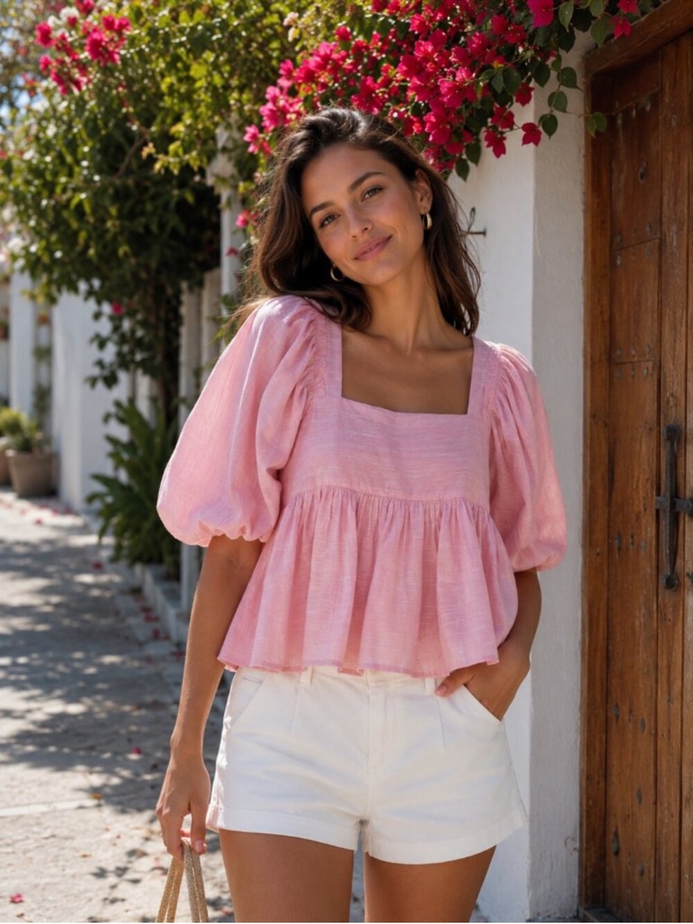 NWT Moon River Pink Puff-Sleeve Peplum Sweet & Sexy Blouse, 8